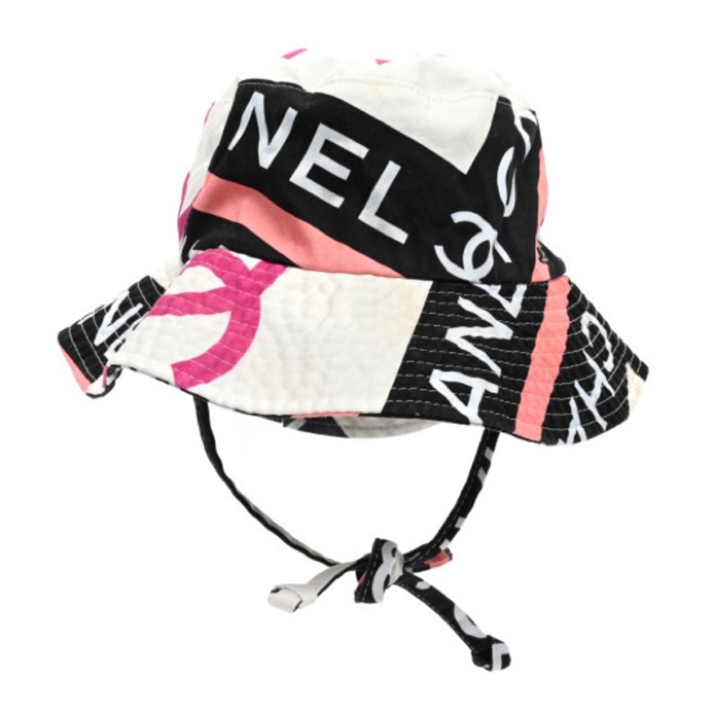CHANEL Cotton Logo Cloche Hat S Ecru Black Pink